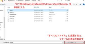 「C;\windows\System32\drivers\etc」を開き、画像のように赤枠の「すべてのファイル」に変更するとファイルが現れますので「hosts」を選択